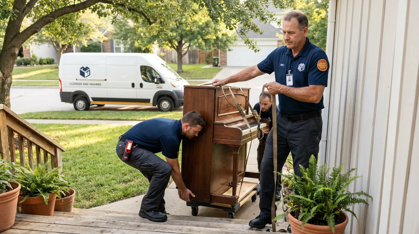 Licensed piano movers securing grand piano in Toms River, NJ