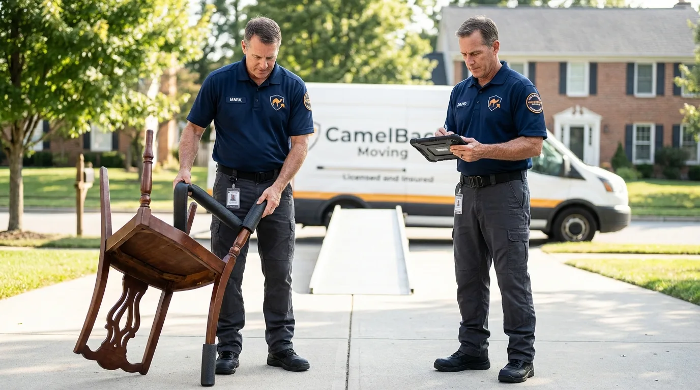 Movers inspecting furniture for damage prevention before loading in Toms River, NJ
