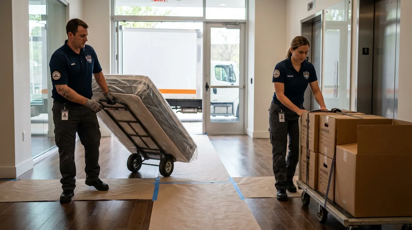 Professional apartment movers loading elevator in Toms River, NJ