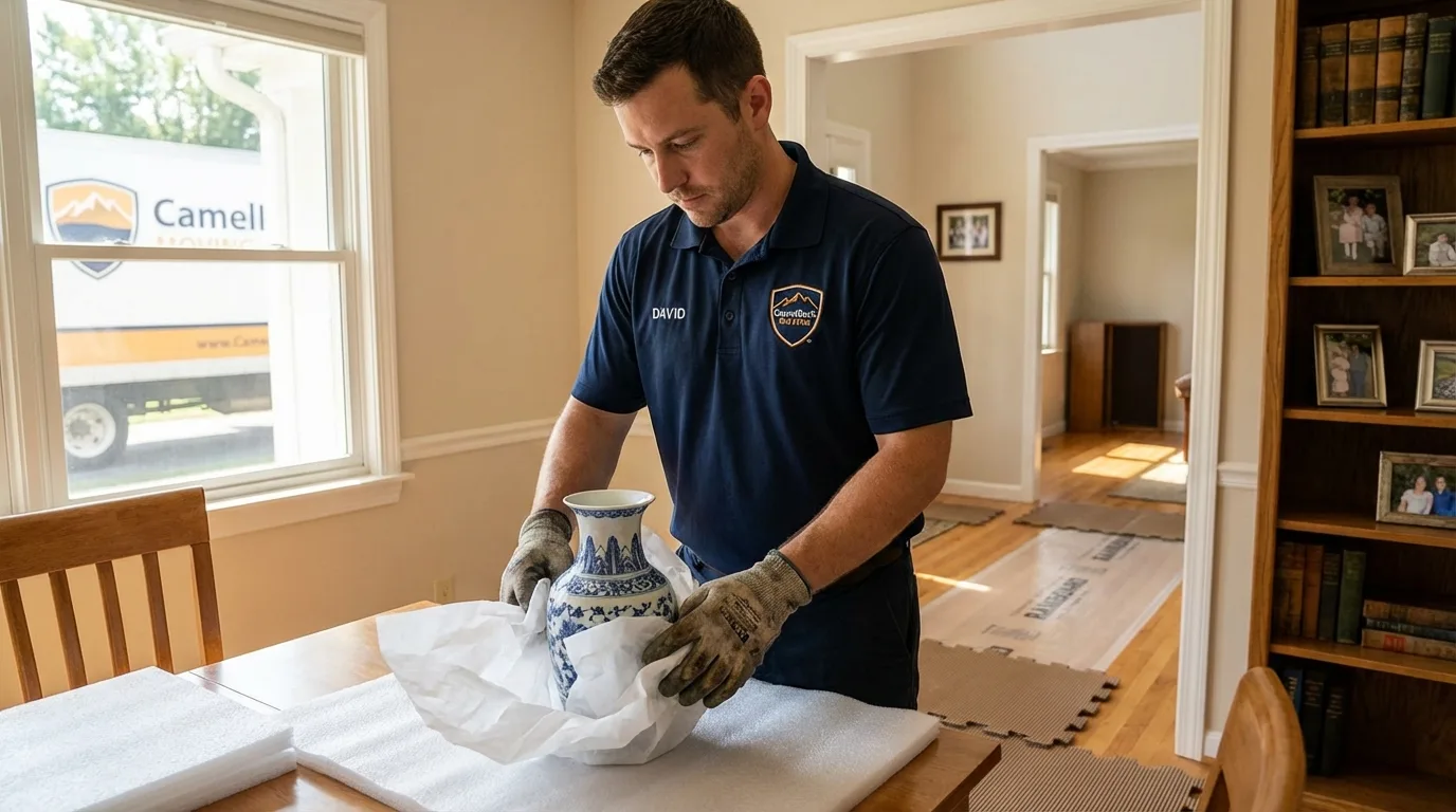 Professional crew carefully wrapping antique vase for senior downsizing move in Toms River, NJ